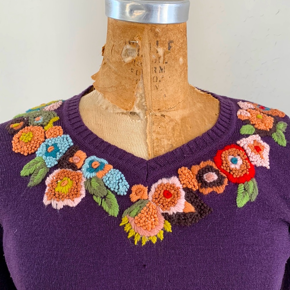 Vintage Marc Jacobs plum wool v-neck with floral crewel embroidery at neck